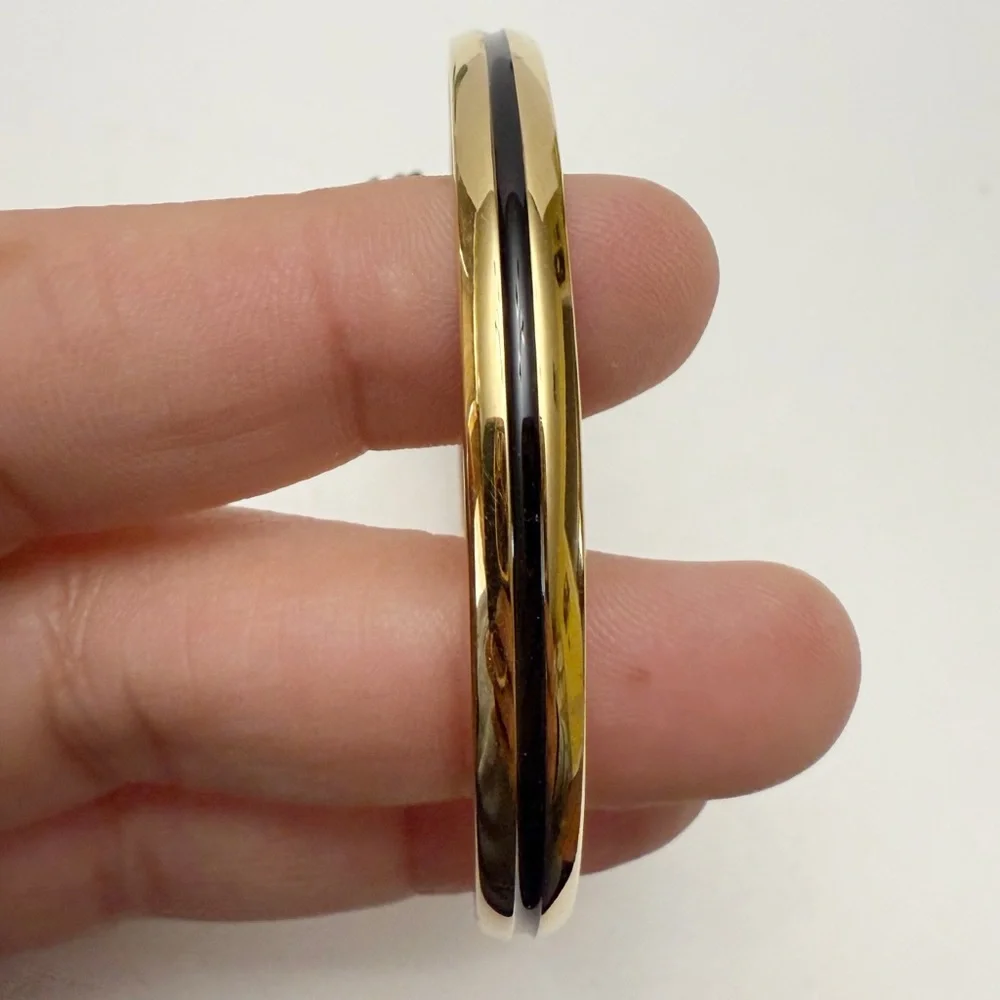 Vintage Trifari Polished Goldtone Black Enamel Stripe Bangle Bracelet NEW